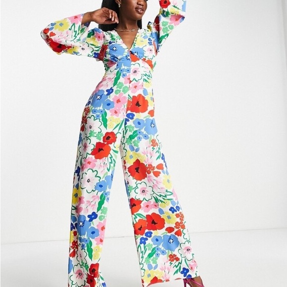 Pants - ASOS Bright Floral Open Tie Back Wide Leg Jumpsuit